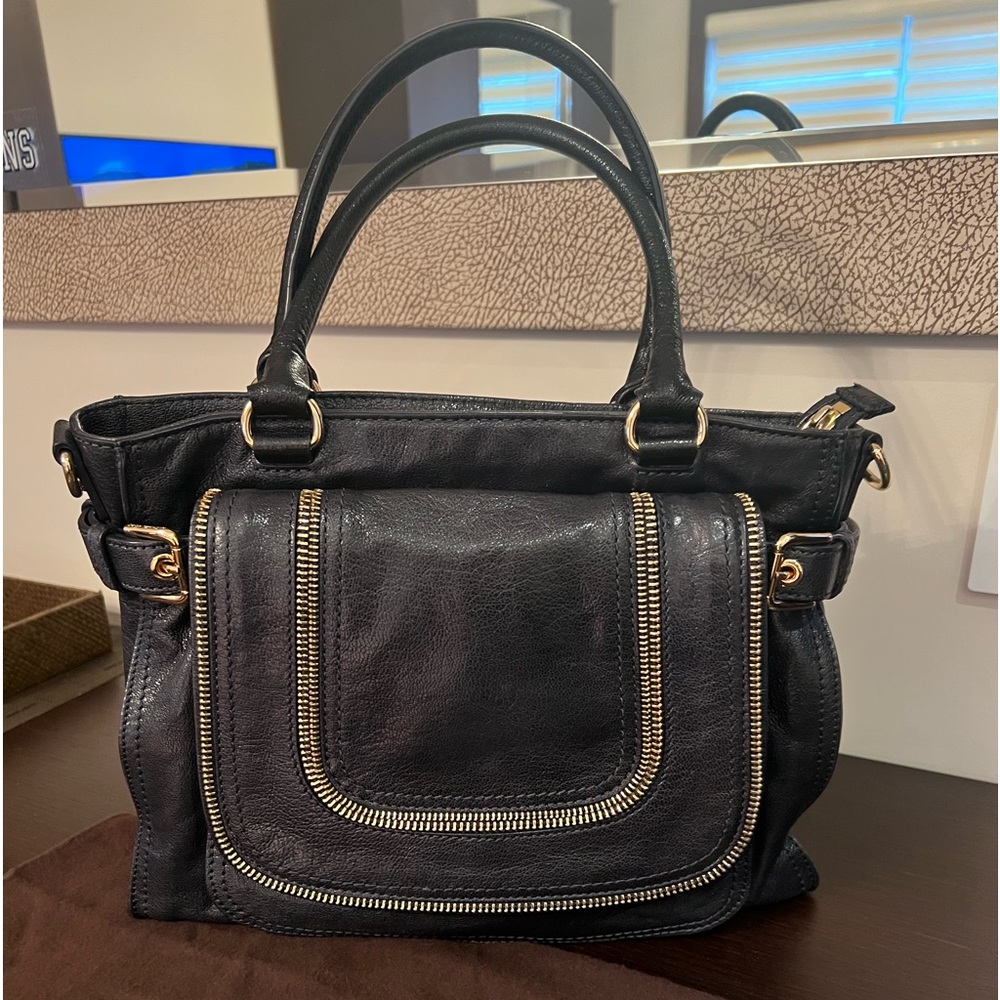 Michael Kors Naomi Large Navy Leather Zippers Satchel